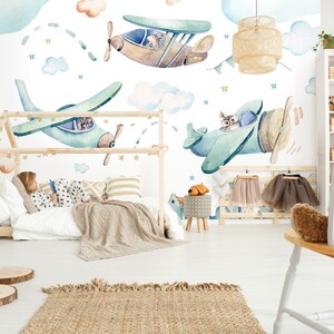 Planes KIDS Room Wallpaper | Helicopter Mural | BOYS Wall Decoration | CUTE | Kids Interior | Wall Poster | Pastels Wall | Nursery Wall