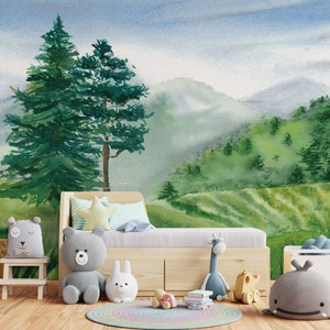 Green Valley Wallpaper | Nursery Wall MURAL | NATURE Wall Decor | Scandinavian Mural | Kids Wall Poster Decal | Baby Room IDEA | Landscape