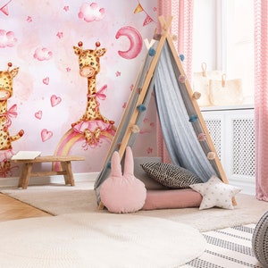 GIRAFFE Girls Room Wallpaper | Pinky Giraffe Pastel Nursery Wall Mural | Pink Pastel WALLPAPER | Baby Room | Poster | Cute Pastel Kids Room