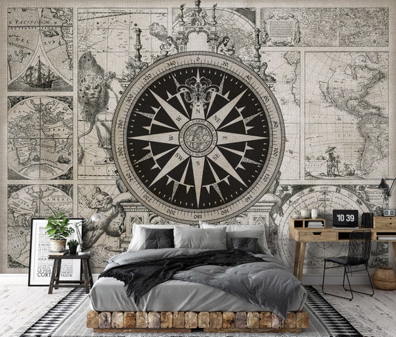 Wind Rose Wallpaper Compass Art Mural Wall Decoration - Etsy