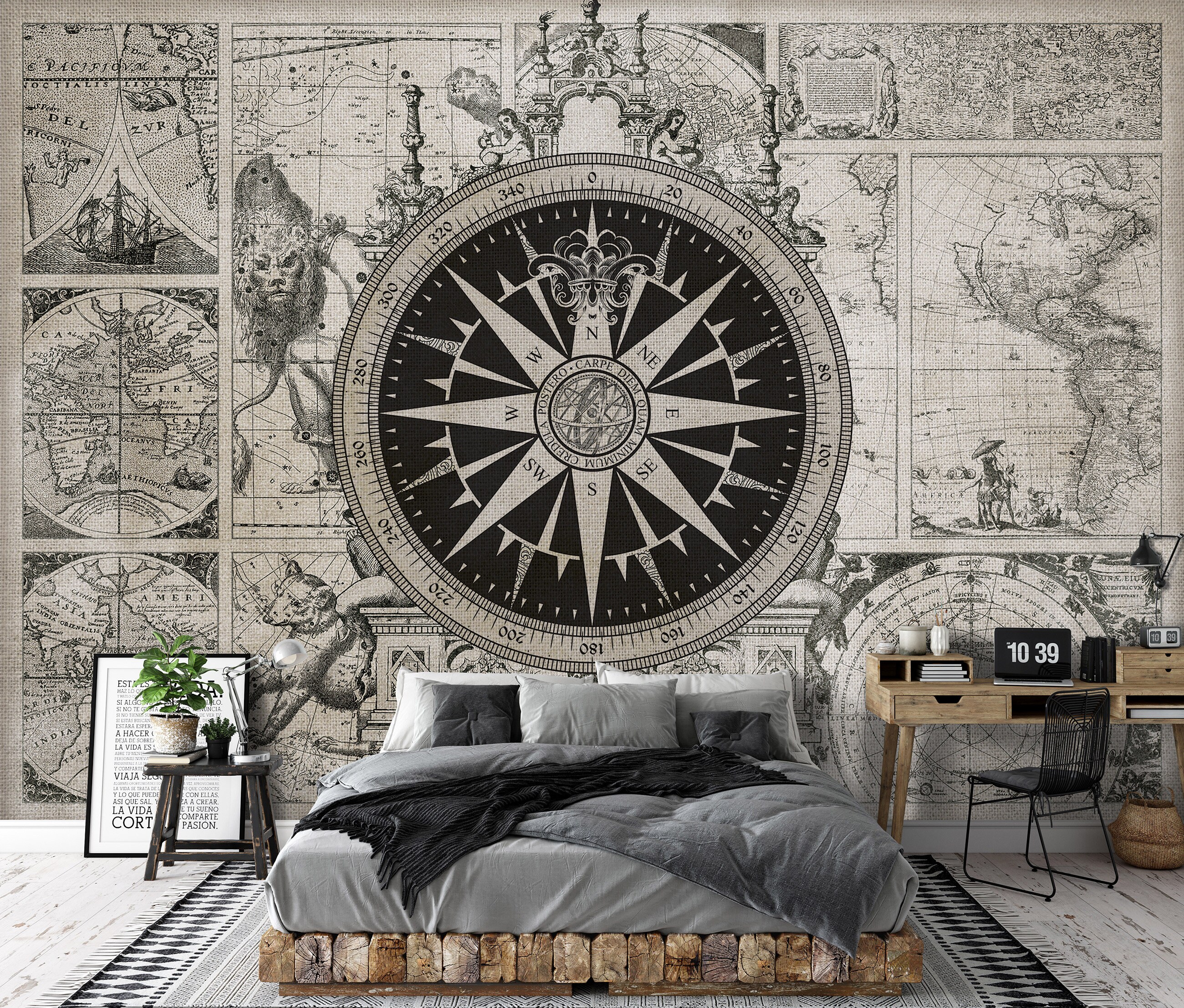 Wind Rose Wallpaper Compass Art Mural Wall Decoration - Etsy