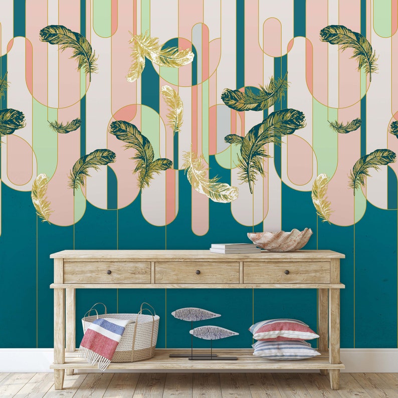 Art DECO MURAL Wallpaper Teal & Pink Wall Decor POSTER Etsy