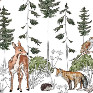 Forest ANIMALS Kids Room Wallpaper Kids Room Mural Wall Decoration Kid Interior Wall Poster Nursery Room Deer and Fox image 2