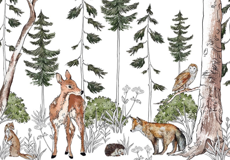 Forest ANIMALS Kids Room Wallpaper Kids Room Mural Wall Decoration Kid Interior Wall Poster Nursery Room Deer and Fox image 2