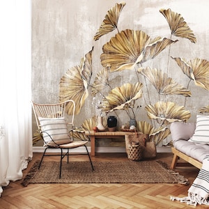 Golden Leaves Wallpaper | Floral Wall Mural | Photo Mural PRINT | Nature Decor Wall | Wall Poster | Vintage Wallpaper |