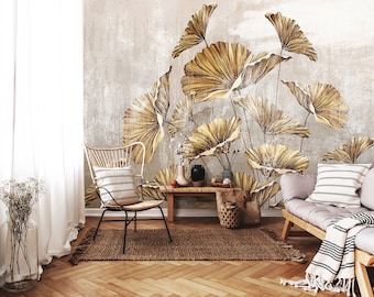 Golden Leaves Wallpaper | Floral Wall Mural | Photo Mural PRINT | Nature Decor Wall | Wall Poster | Vintage Wallpaper |