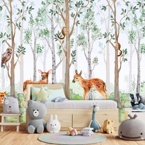 Watercolor Forest Animals Wallpaper | Pastel TREES WALL Mural | Wall Decoration | Scandinavian Nature Wall Mural | Kids Wall Pastels |