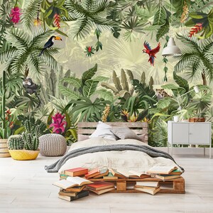 Jungle PLANTS  Wallpaper | Decal Mural | Wall Decoration | BOTANICAL Interior | Birds Wallpaper | Palm Walls | Green Plants  Wall Decor