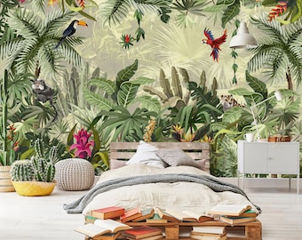 Jungle PLANTS  Wallpaper | Decal Mural | Wall Decoration | BOTANICAL Interior | Birds Wallpaper | Palm Walls | Green Plants  Wall Decor