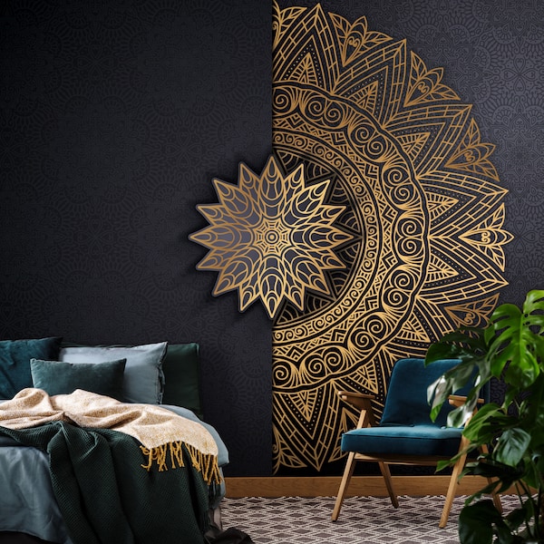 BLACK Mandala BOHO Wallpaper | Zen Yoga Mural | Bohemian Wall Decoration | Boho Design | Mandala Wall Poster | Modern Bohemian Wall Decor