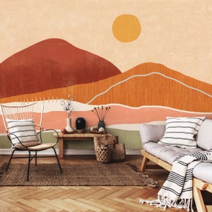BOHO Mountains MURAL Wallpaper | Eclectic Art Geometric Mural | Browns Orange Mural Wall Decor | BOHO Interior Design | Wall Art | Wallpaper