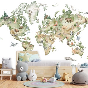 Animals World Map KIDS Wallpaper | WATERCOLORS Wall Mural | Cute Pastel Kids Interior | Wall Poster | Nursery Wall | Pastel Kids Room MAP