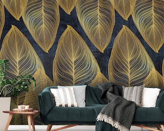 ART DECO Pattern Dark Wallpaper | Photo Mural | Wall Decoration | Wall Poster | Interior Design | Wall Poster | Wallcovering | Leaf Design