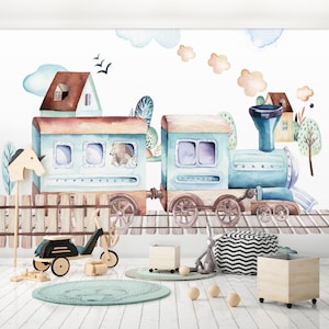 BOYS Room Wallpaper | Nursery Mural | Wall Decoration | TRAIN Poster | Kids Interior | Wall Poster | Nursery Wall | Watercolours Print