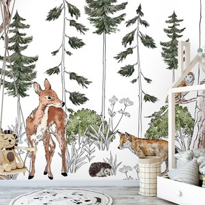 Forest ANIMALS Kids Room Wallpaper Kids Room Mural Wall Decoration Kid Interior Wall Poster Nursery Room Deer and Fox image 4