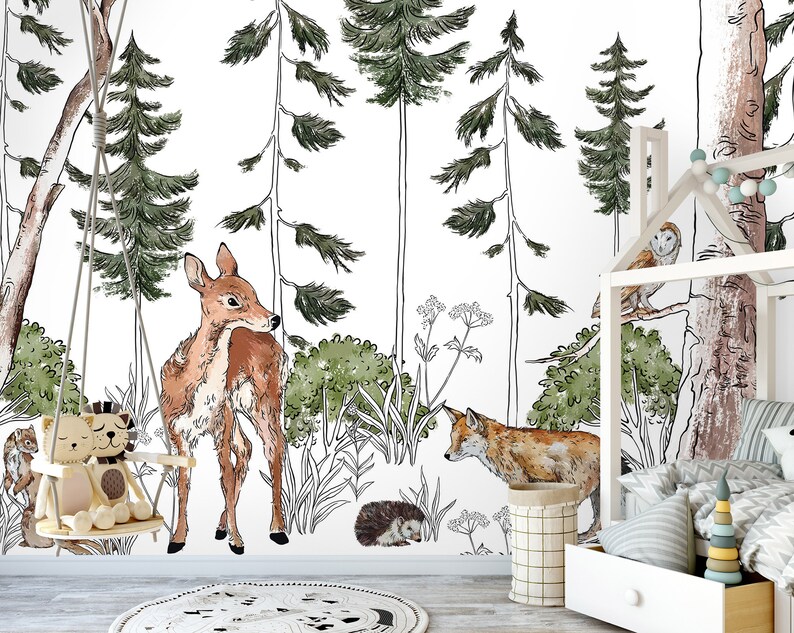 Forest ANIMALS Kids Room Wallpaper Kids Room Mural Wall Decoration Kid Interior Wall Poster Nursery Room Deer and Fox image 4