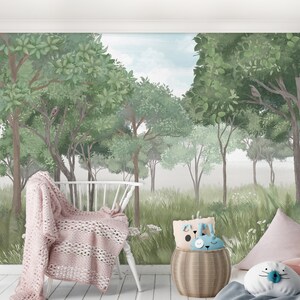 Forest TREES Wallpaper | Pastel Nursery WALL Mural | Green Wall Decor | Scandinavian Nature Wall Mural | Kids Wall Poster | Baby Room IDEA