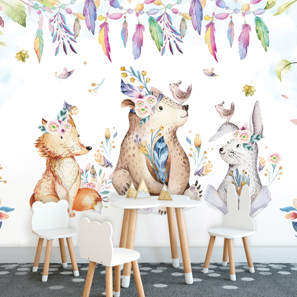 Boho KIDS Room Wallpaper Nursery Mural Baby Wall Decor - Etsy