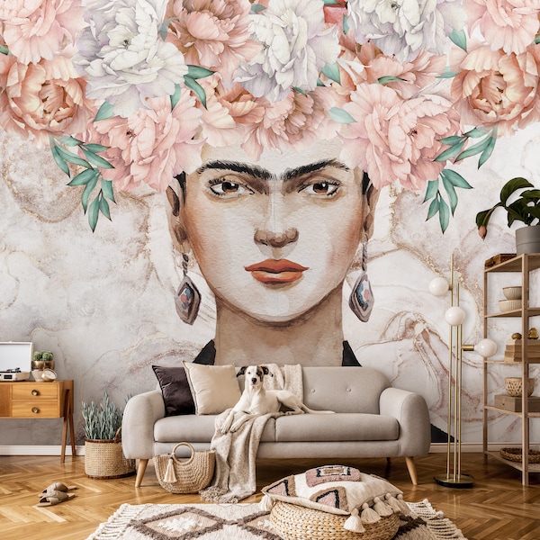 FRIDA Kahlo Peonies Wallpaper | WALL Mural | Pastel Floral Wall Decor | FLOWERS Wall Poster | Interior Design | Wall Poster | Art Wall Print