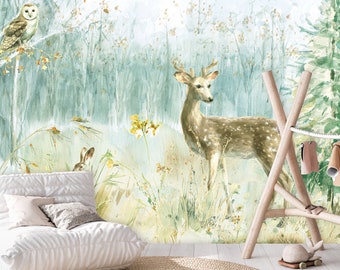Forest Animals Kids Room Wallpaper | PASTEL Nursery Mural | Scandinavian Wall | Kids Interior | Wall Poster | Nursery Wall | Watercolor