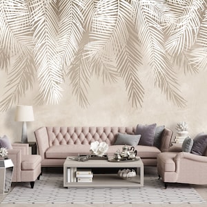 Dusky BEIGE Leaves Wallpaper | Pastel Boho Mural | Wall Poster | Pastel Effect | Wall Poster | Feathers Wallpaper | Minimalism Wall