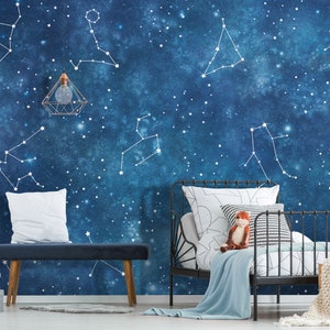 Zodiac Constellation Galaxy Universe Wallpaper | Stars Planets Mural | Dark Sky Wall Decoration | Children Room Space Fan | Wall Poster
