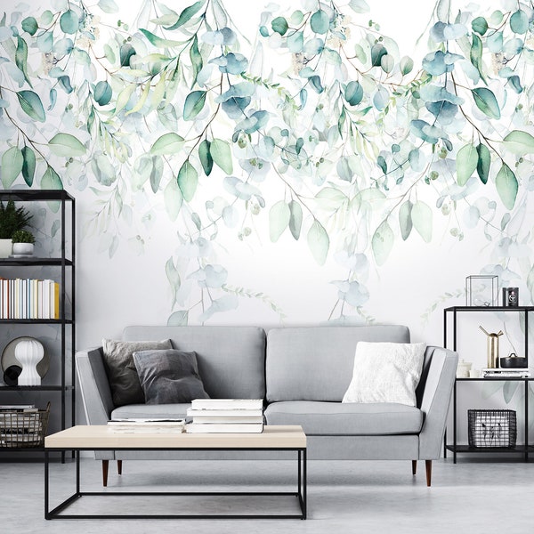 Pastel Mint Leaves Pearl String Wallpaper | Pastel Colours Mural | Botanical Wall Poster | Interior Design | Wall Poster | Wallcovering |