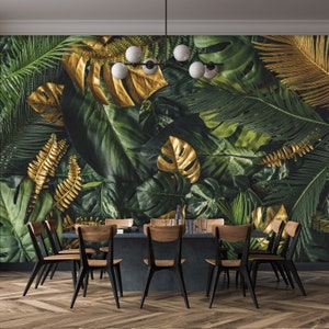 Dark PLANTS Green Wallpaper | Decal Mural | Wall Decoration | BOTANICAL Interior Design | Wall Poster | Wall Decoration | Green Wall Decor