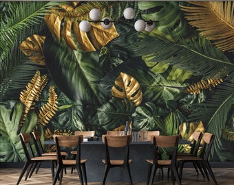 Dark PLANTS Green Wallpaper | Decal Mural | Wall Decoration | BOTANICAL Interior Design | Wall Poster | Wall Decoration | Green Wall Decor