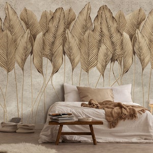 Boho LEAVES Wallpaper | Beige Wall Mural | Wall Decoration | Interior Design | Wall Poster | Modern Bohemian Wall Decor | Art Deco
