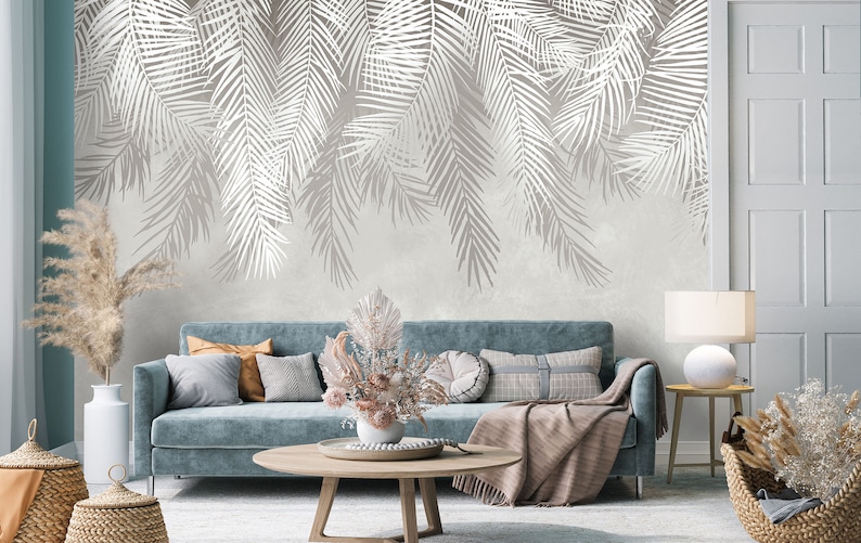 Pastel Leaves Wallpaper Pastel Colours Mural Botanical Wall Poster Interior Design Wall Poster Feathers Wallpaper Minimalism afbeelding 1