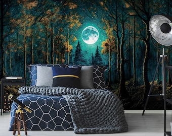 Mystic FOREST at Night Mural Wallpaper | Full Moon MURAL | Digital Art Fan Gift Idea | Landscape Photowallpaper |