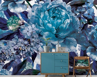 Blue FLORAL Wallpaper | Large Flowers Mural | FLORAL Wall Decoration | Wall Poster | Interior Design | Blue Wallcovering | Dark Wall Print