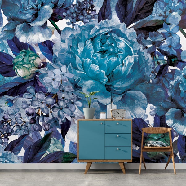 Large Blue Floral Wallpaper Etsy