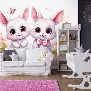 Cute Animals Pink BUNNIES Wallpaper | Girl Mural | Wall Decoration  | Pink Pastel Wall | Photomural | Wall Poster | Nursery Room | GIFT Idea