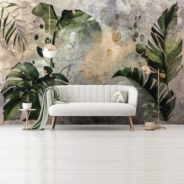 Exotic PLANTS  Wallpaper | Concrete Effect | Wall Decoration | BOTANICAL Interior Design | Wall Poster | Palm Wall Decoration | Green Wall