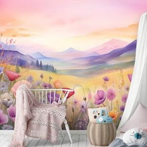 WATERCOLOR Meadow Wallpaper | Pastel Children Mural | Scandinavian Wall | Girls Interior | Wall Poster | Nursery Wall |