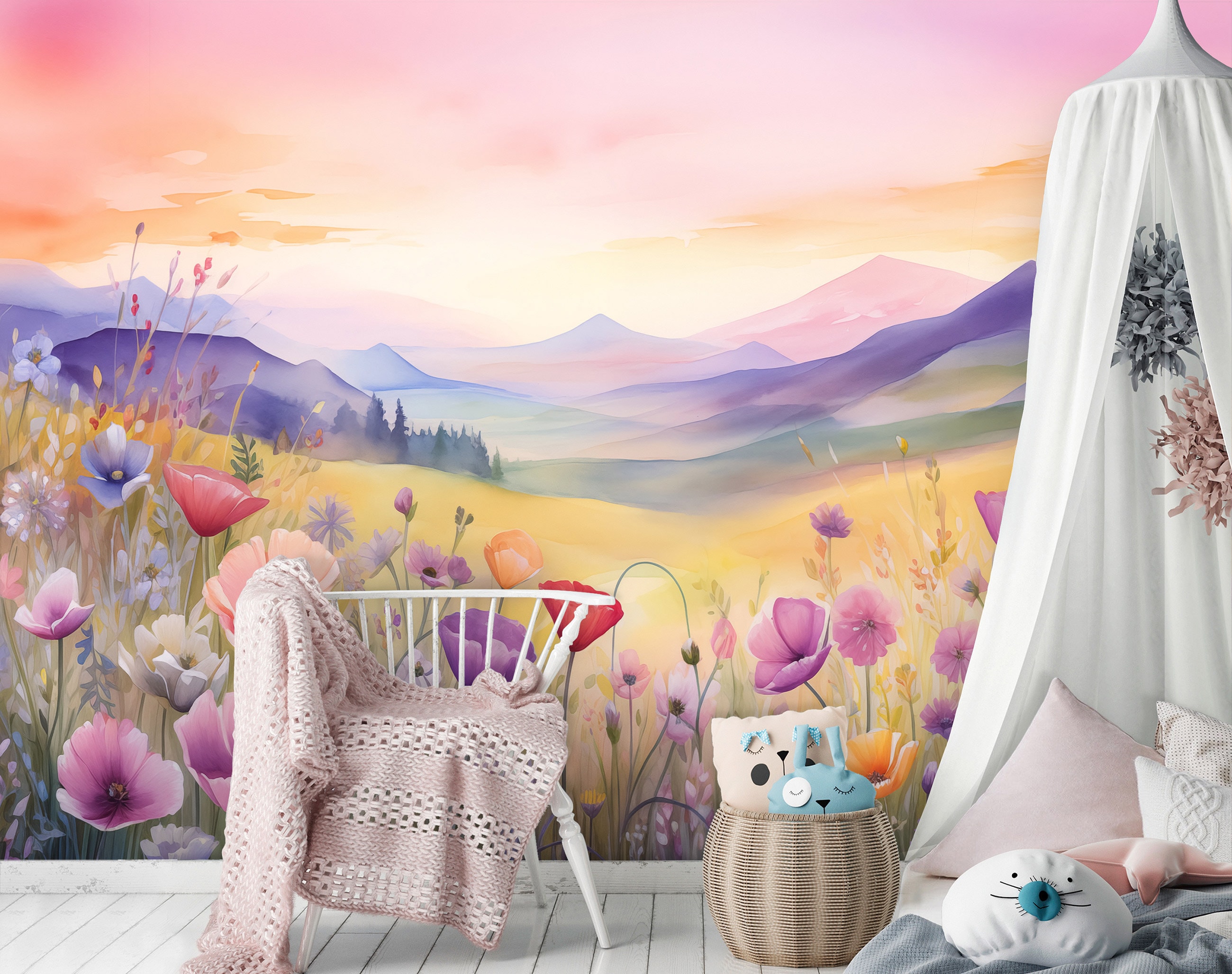WATERCOLOR Meadow Wallpaper | Pastel Children Mural | Scandinavian Wall | Girls Interior | Wall Poster | Nursery Wall |