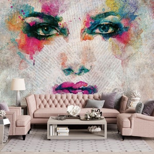 GIRL Woman Face Wallpaper | Art Wall MURAL | Old Newspaper Wall Decoration | Painting Abstarct Wall Mural | Wall DECOR | Bohemian Wallpaper