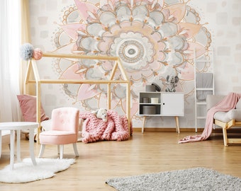 Pink Pastel MANDALA Wall Mural | Watercolor Wallpaper | Wallpaper For Girls | Interior Design | Wall Poster | Print for Wall | Nursery Room