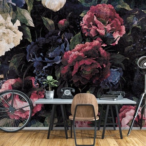 Dark Wine Red FLORAL Wallpaper | Dark Flowers Wallpaper | Wall Decoration | Wall Poster | Interior Design | Wallcovering | Dark Wall Print