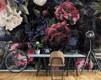 Dark Wine Red FLORAL Wallpaper | Dark Flowers Wallpaper | Wall Decoration | Wall Poster | Interior Design | Wallcovering | Dark Wall Print