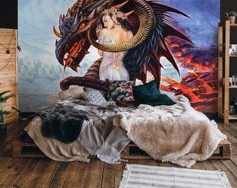 GOTHIC Photo Wallpaper | Girl and Dragon Mural | Wall Decoration | Alchemy | Unique Magic Wallpaper | GIRL Gothic Wall Decor | Magic World