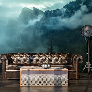 Foggy Mountain MURAL Wallpaper | Forest Photo Mural | Wall Decoration | FOREST Wall Poster | Interior | Wall Art Woods | Blue Wallpaper