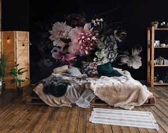 Dark FLOWERS Wallpaper | Photo Mural | Wall Decoration | FLOWERS Wall Poster | Interior Design | Wall Poster | Dark FLORAL Wallpaper