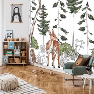 Forest ANIMALS Kids Room Wallpaper Kids Room Mural Wall Decoration Kid Interior Wall Poster Nursery Room Deer and Fox image 1