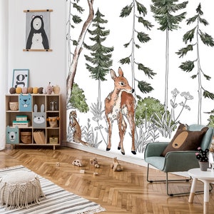Forest ANIMALS Kids Room Wallpaper | Kids Room Mural | Wall Decoration | Kid Interior | Wall Poster | Nursery Room | Deer and Fox |