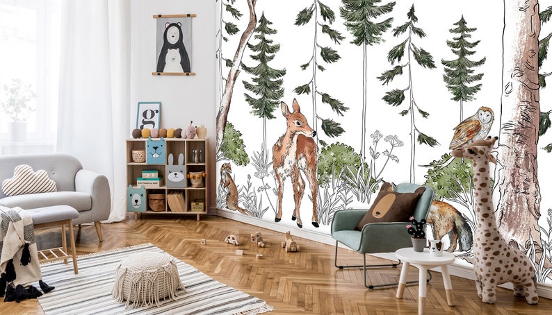 Forest ANIMALS Kids Room Wallpaper Kids Room Mural Wall Decoration Kid Interior Wall Poster Nursery Room Deer and Fox image 1