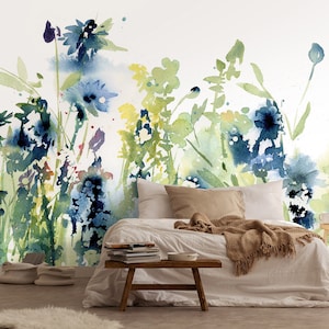 Carta da parati con fiori MURAL blu / Acquerello con fiori selvatici Arte Murale della Marina / Decorazione da parete prato / Interni / Arte della parete / Carta da parati paesaggistica