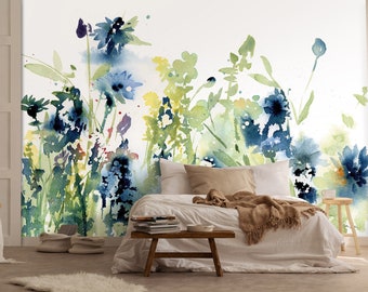 Blue MURAL Flowers Wallpaper | Watercolors Wild Flowers Art Navy Mural | Meadow Wall Decor | Interior | Wall Art | Landscape Wallpaper